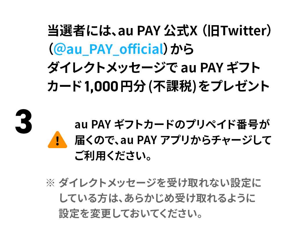 3. 当選者には、au PAY 公式X（旧Twitter）（@au_PAY_official）からダイレクトメッセージで au PAY ギフトカード1,000円分（不課税）をプレゼント